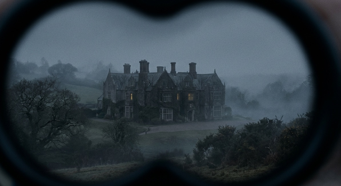 A bleak British countryside manor house viewed through the dark vignette of a child's binoculars, establishing the folk-horror setting of Aranea.