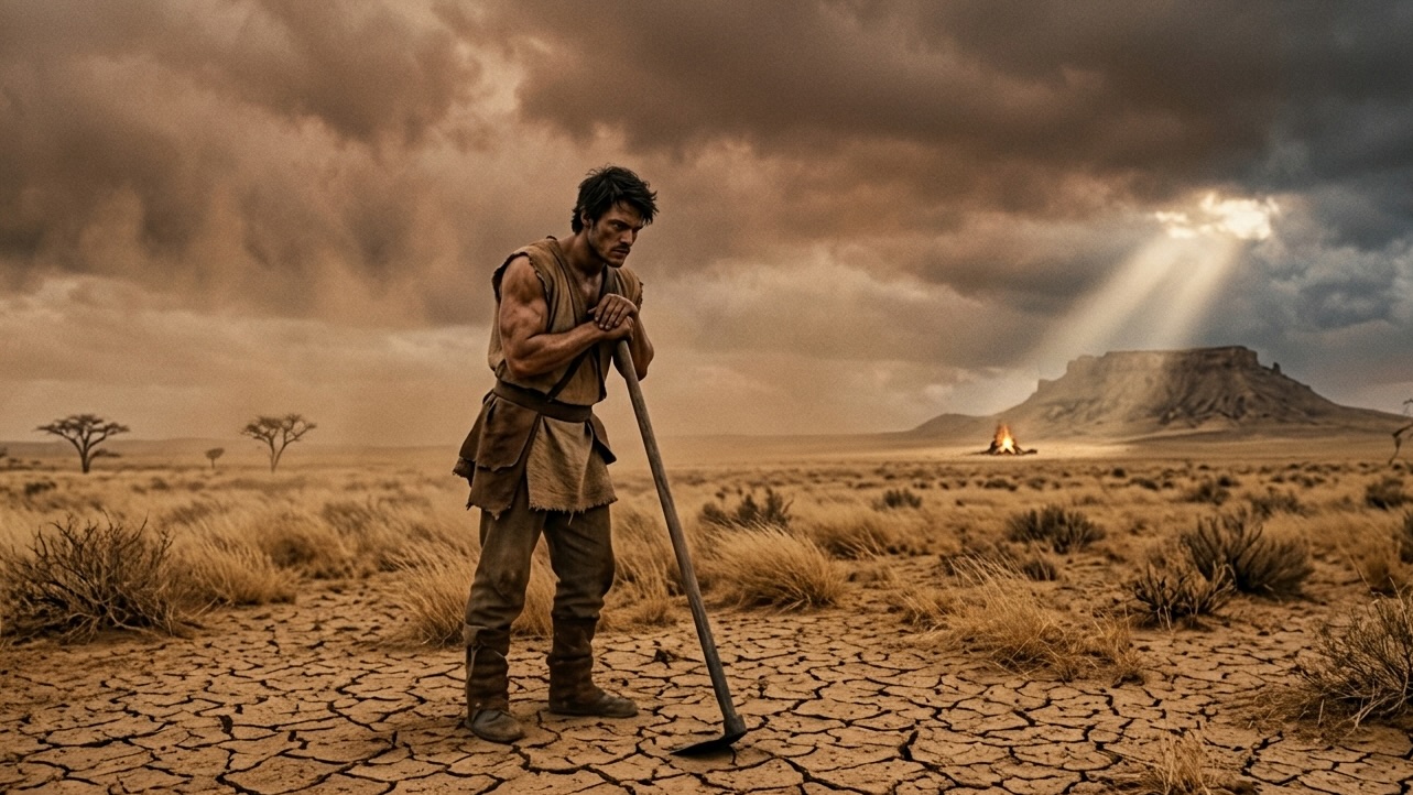 A cinematic rendering of a solitary figure in a dark, muddy field beneath a turbulent sky.